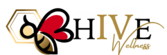 B Hive Wellness horizontal logo with red and gold bee